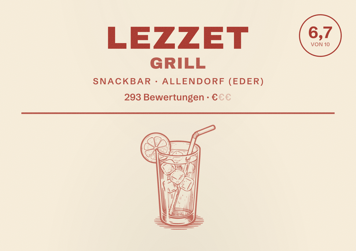 Illustriertes Poster von Lezzet Grill, Snackbar in Allendorf (Eder): Bewertung 6,7 von 10 aus 293 Bewertungen, Preisniveau €