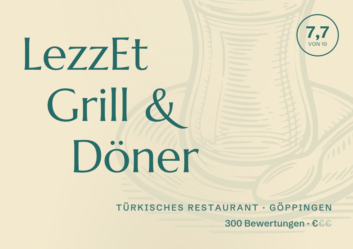 Illustriertes Poster von LezzEt Grill & Döner, Türkisches Restaurant in Göppingen: Bewertung 7,7 von 10 aus 300 Bewertungen, Preisniveau €