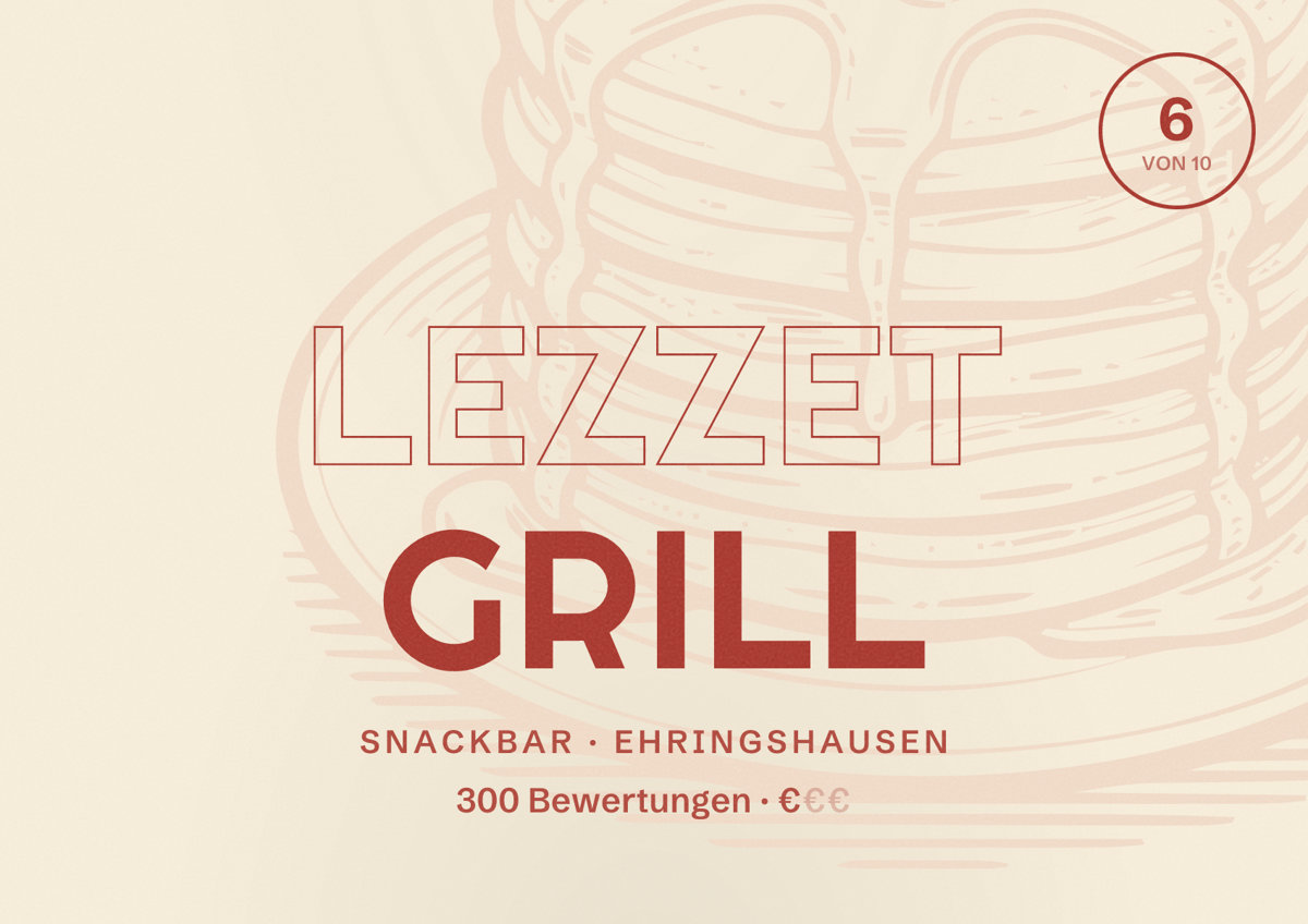 Illustriertes Poster von Lezzet Grill, Snackbar in Ehringshausen: Bewertung 6 von 10 aus 300 Bewertungen, Preisniveau €