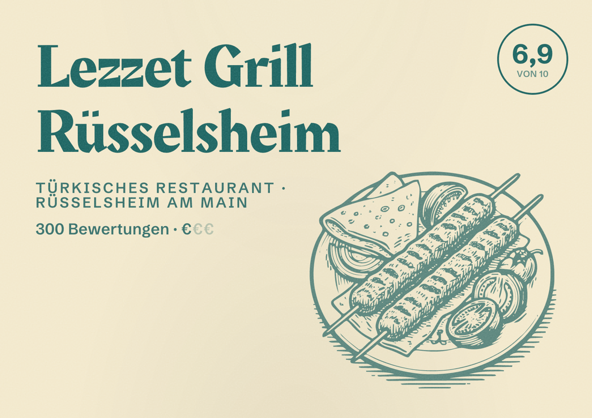 Illustriertes Poster von Lezzet Grill Rüsselsheim, Türkisches Restaurant in Rüsselsheim am Main: Bewertung 6,9 von 10 aus 300 Bewertungen, Preisniveau €
