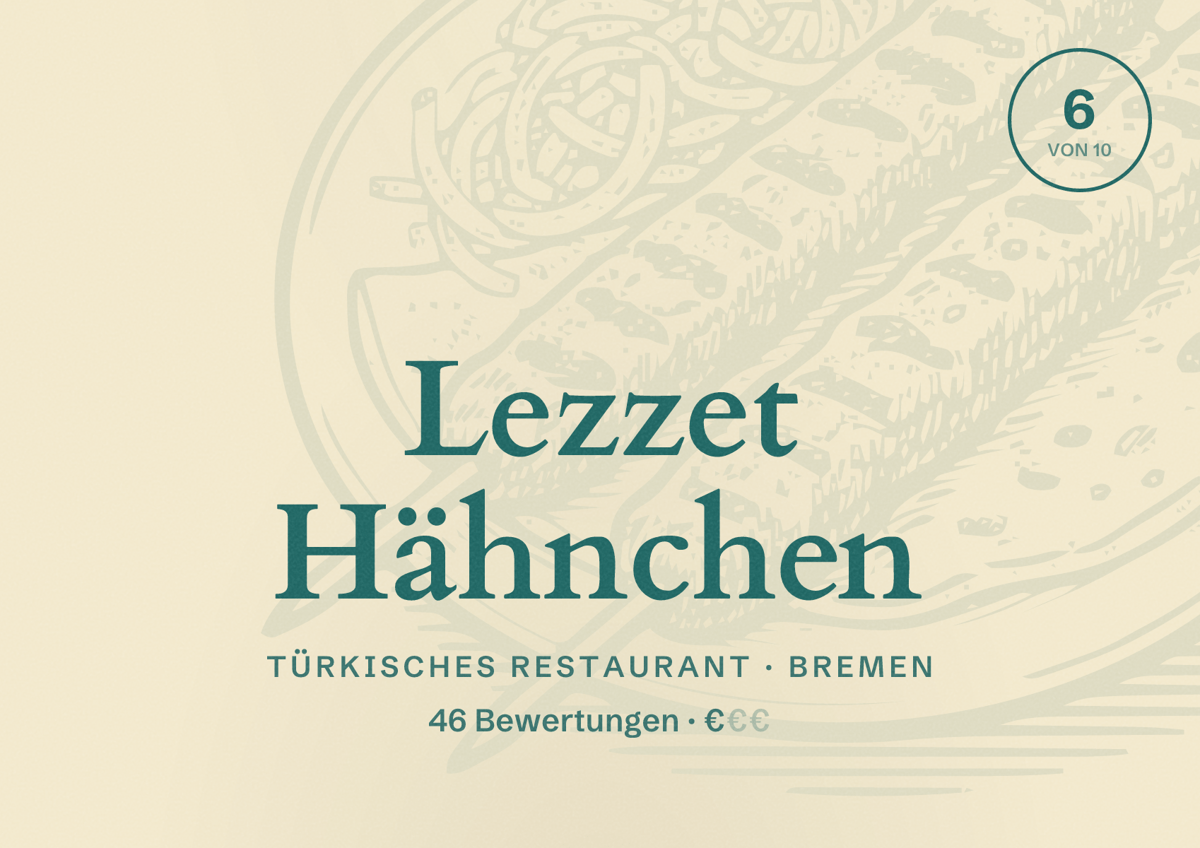 Illustriertes Poster von Lezzet Hähnchen, Türkisches Restaurant in Bremen: Bewertung 6 von 10 aus 46 Bewertungen, Preisniveau €