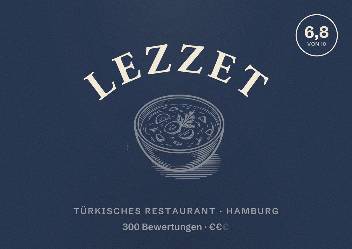 Illustriertes Poster von Lezzet, Türkisches Restaurant in Hamburg: Bewertung 6,8 von 10 aus 300 Bewertungen, Preisniveau €€