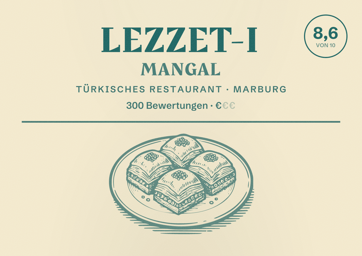 Illustriertes Poster von Lezzet-i Mangal, Türkisches Restaurant in Marburg: Bewertung 8,6 von 10 aus 300 Bewertungen, Preisniveau €