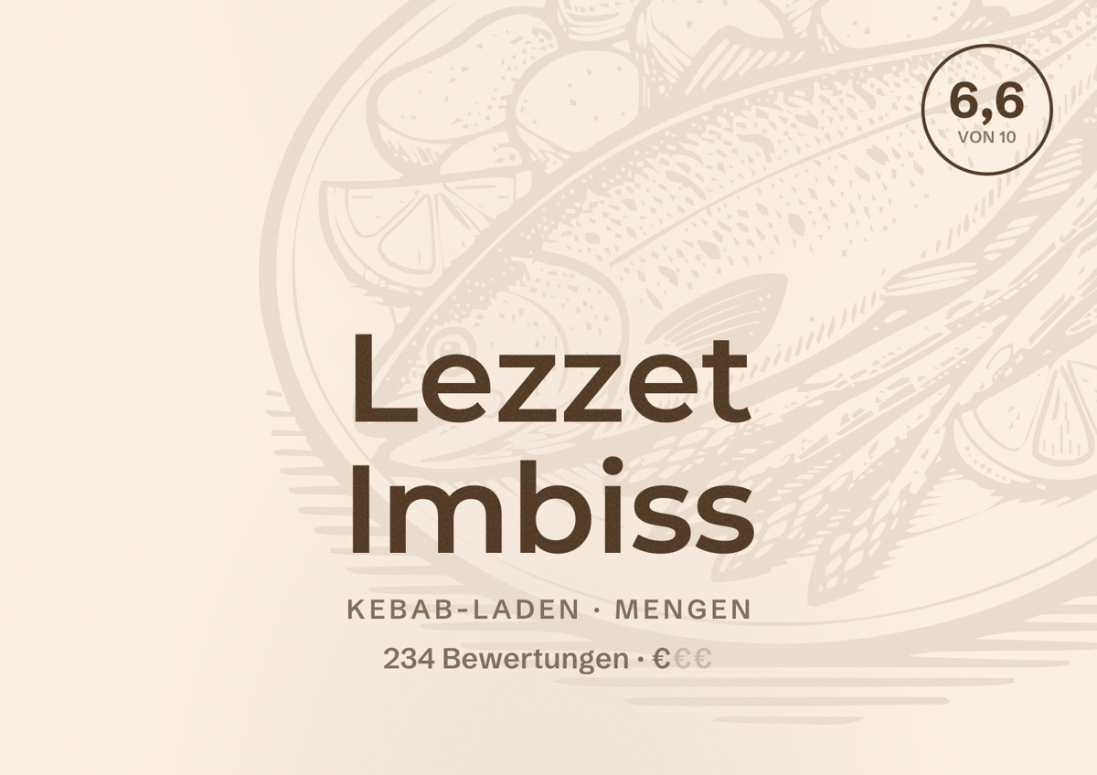 Illustriertes Poster von Lezzet Imbiss, Kebab-Laden in Mengen: Bewertung 6,6 von 10 aus 234 Bewertungen, Preisniveau €