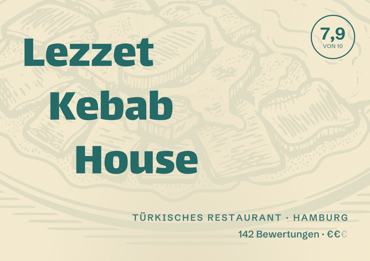 Illustriertes Poster von Lezzet Kebab House, Türkisches Restaurant in Hamburg: Bewertung 7,9 von 10 aus 142 Bewertungen, Preisniveau €€