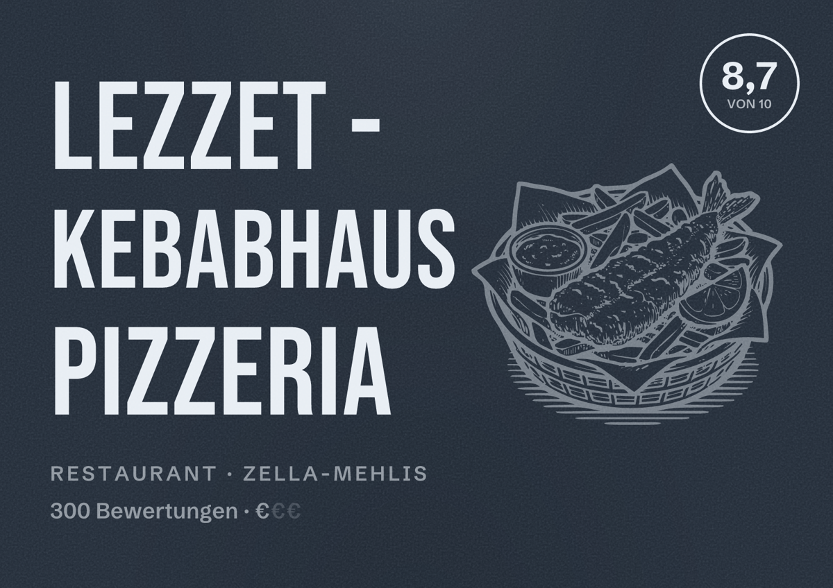 Illustriertes Poster von Lezzet - Kebabhaus Pizzeria, Restaurant in Zella-Mehlis: Bewertung 8,7 von 10 aus 300 Bewertungen, Preisniveau €