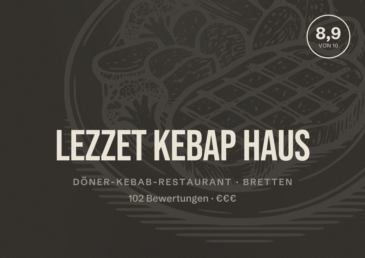 Illustriertes Poster von Lezzet Kebap Haus, Döner-Kebab-Restaurant in Bretten: Bewertung 8,9 von 10 aus 102 Bewertungen, Preisniveau €€€