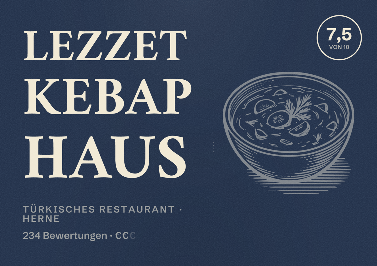 Illustriertes Poster von Lezzet Kebap Haus, Türkisches Restaurant in Herne: Bewertung 7,5 von 10 aus 234 Bewertungen, Preisniveau €€