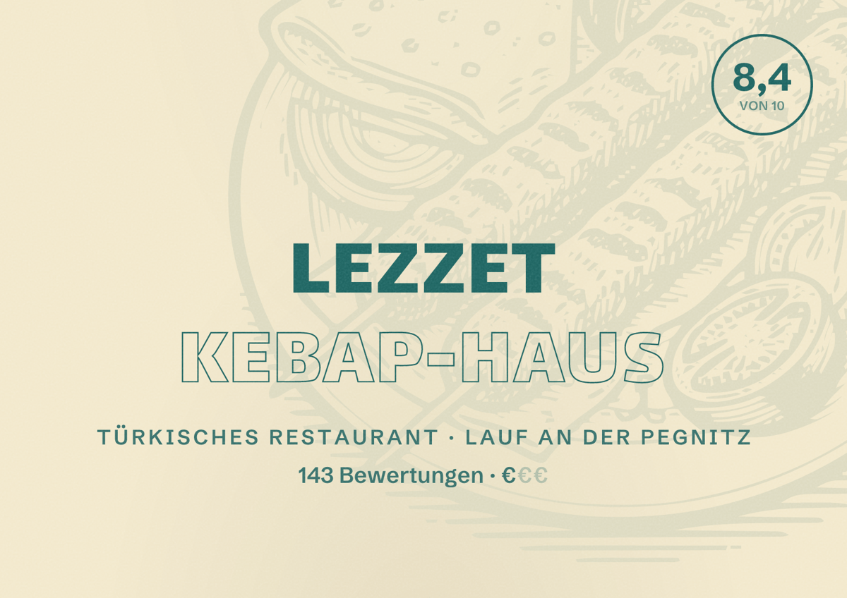 Illustriertes Poster von Lezzet Kebap-Haus, Türkisches Restaurant in Lauf an der Pegnitz: Bewertung 8,4 von 10 aus 143 Bewertungen, Preisniveau €