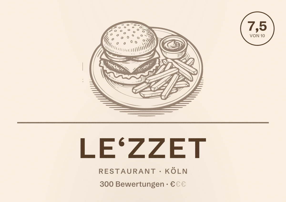 Illustriertes Poster von Le‘zzet, Restaurant in Köln: Bewertung 7,5 von 10 aus 300 Bewertungen, Preisniveau €