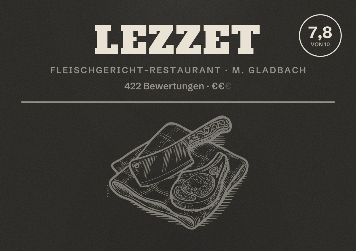 Illustriertes Poster von LEZZET, Fleischgericht-Restaurant in M. Gladbach: Bewertung 7,8 von 10 aus 422 Bewertungen, Preisniveau €€