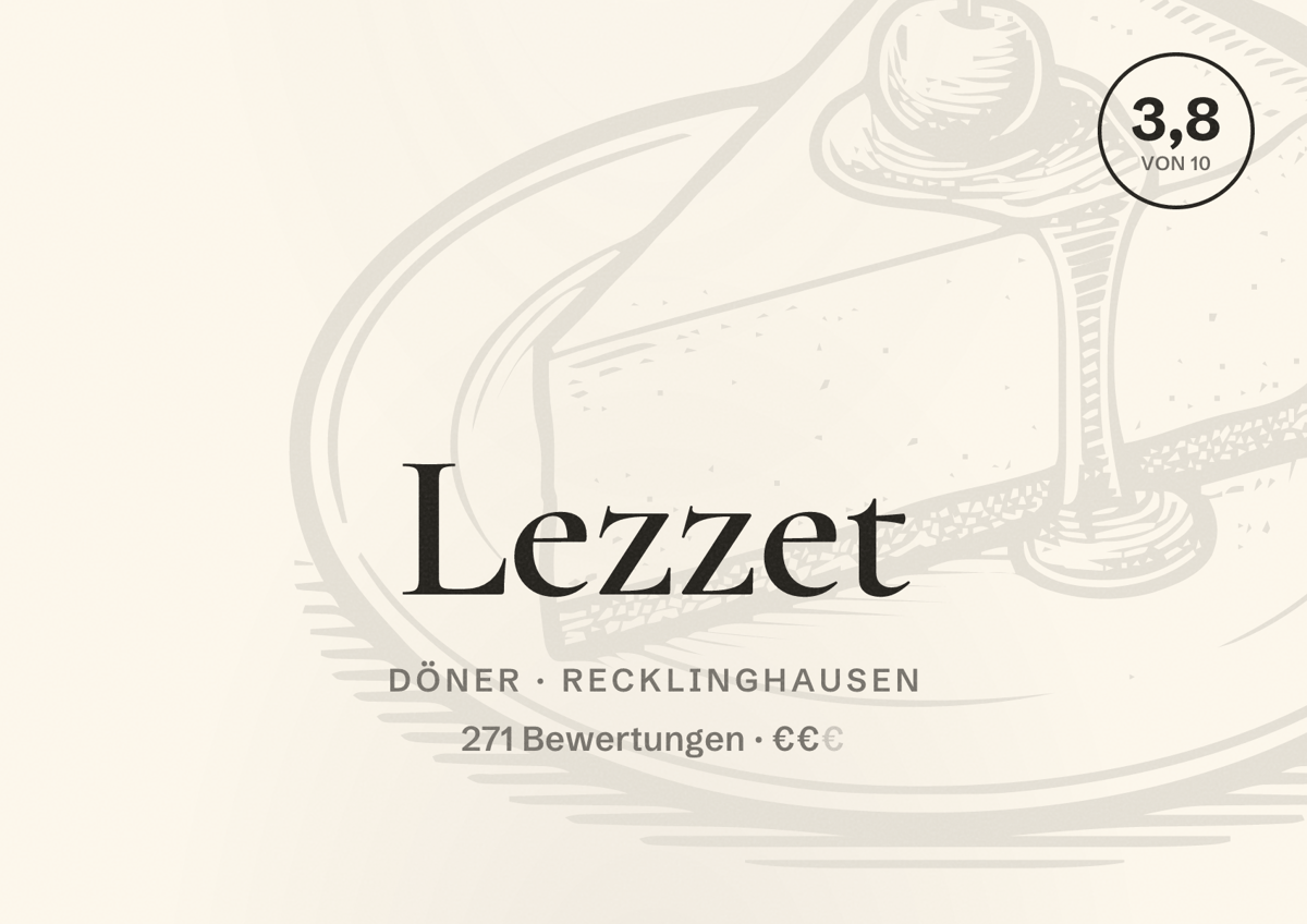 Illustriertes Poster von Lezzet, Döner in Recklinghausen: Bewertung 3,8 von 10 aus 271 Bewertungen, Preisniveau €€