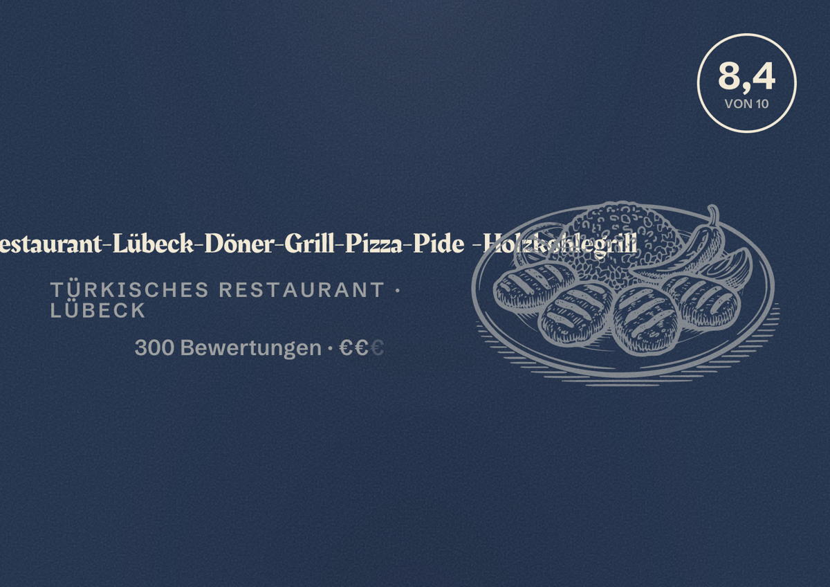 Illustriertes Poster von LEZZET Restaurant-Lübeck-Döner-Grill-Pizza-Pide -Holzkohlegrill, Türkisches Restaurant in Lübeck: Bewertung 8,4 von 10 aus 300 Bewertungen, Preisniveau €€