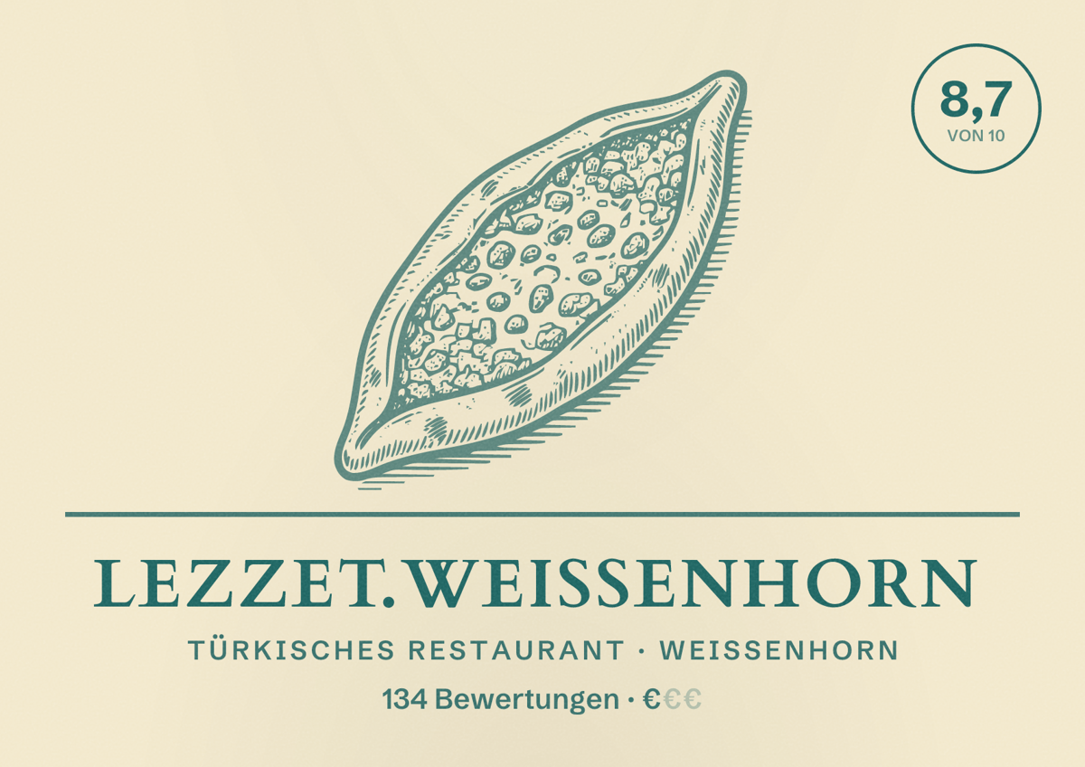 Illustriertes Poster von lezzet.Weißenhorn, Türkisches Restaurant in Weißenhorn: Bewertung 8,7 von 10 aus 134 Bewertungen, Preisniveau €