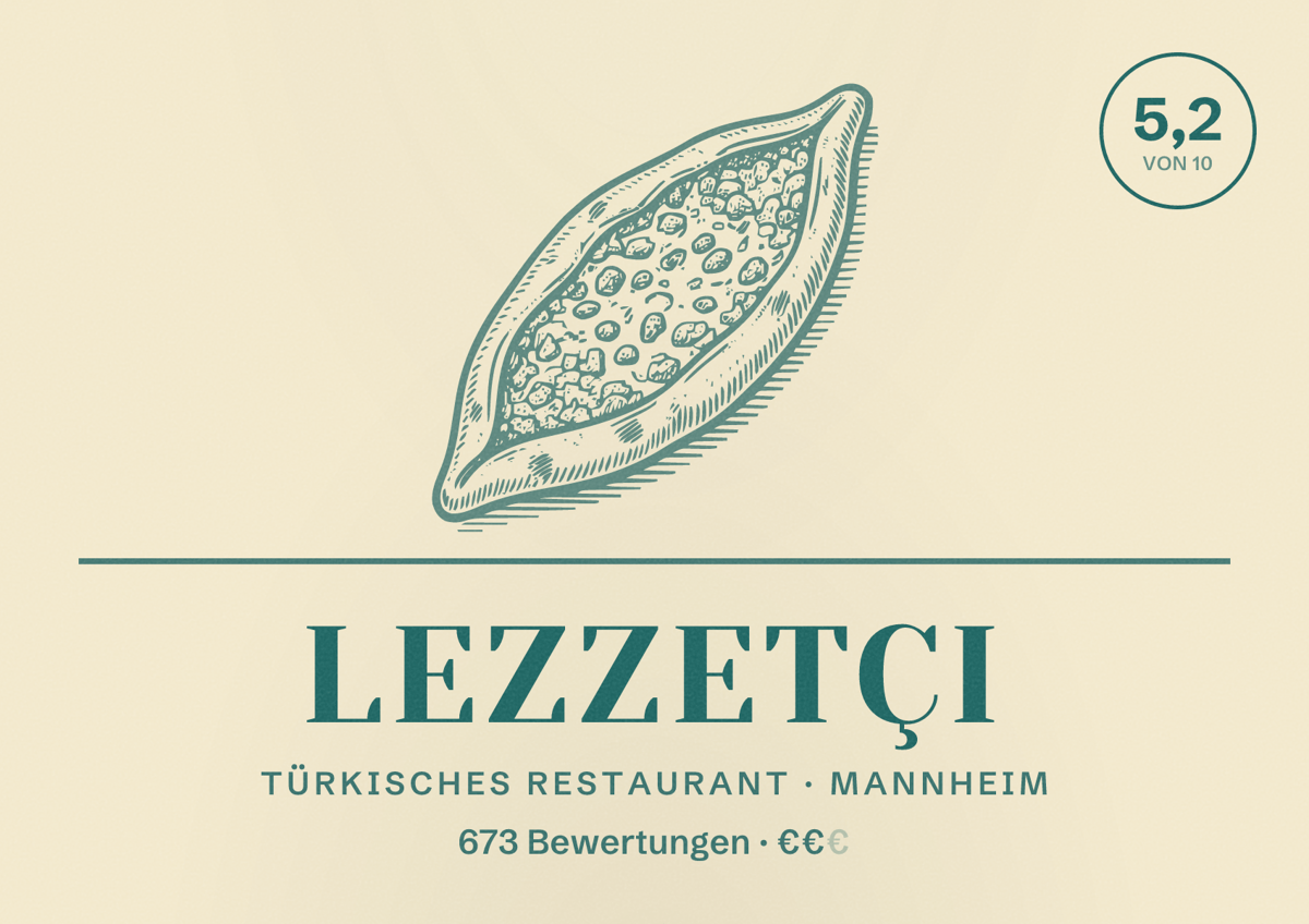 Illustriertes Poster von Lezzetçi, Türkisches Restaurant in Mannheim: Bewertung 5,2 von 10 aus 673 Bewertungen, Preisniveau €€
