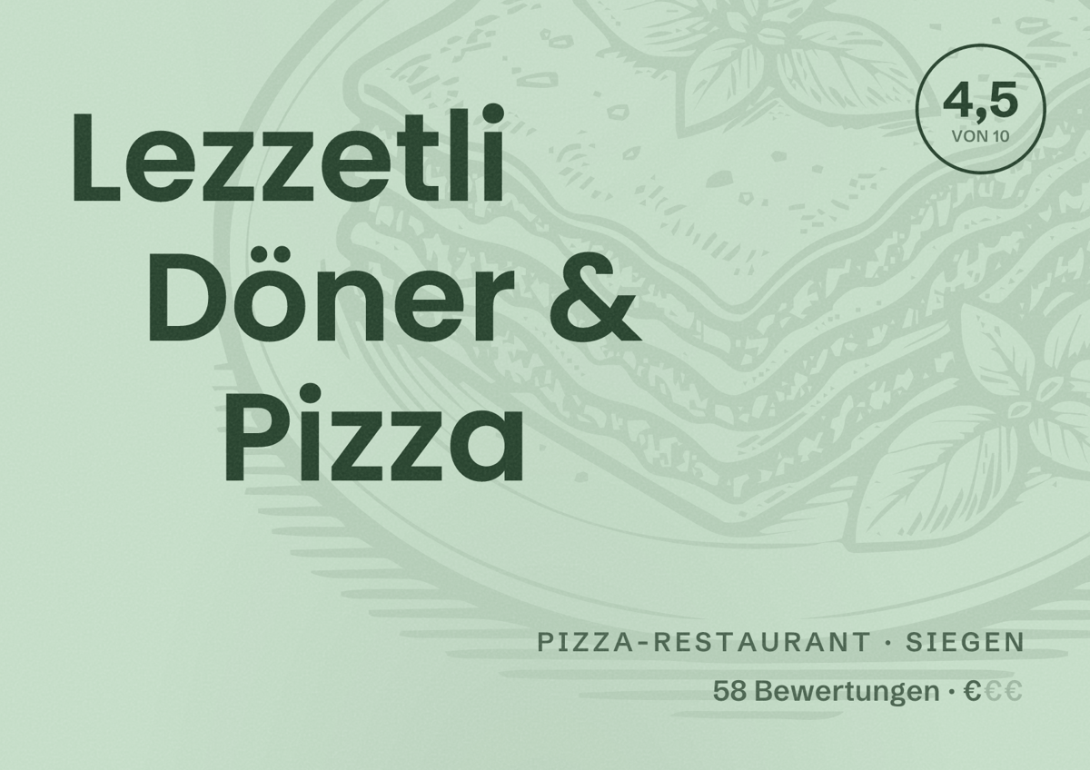 Illustriertes Poster von Lezzetli Döner & Pizza, Pizza-Restaurant in Siegen: Bewertung 4,5 von 10 aus 58 Bewertungen, Preisniveau €