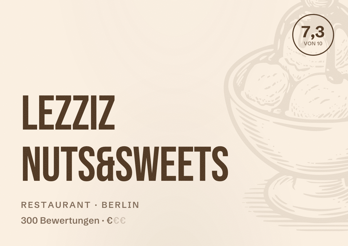 Illustriertes Poster von Lezziz Nuts&Sweets, Restaurant in Berlin: Bewertung 7,3 von 10 aus 300 Bewertungen, Preisniveau €