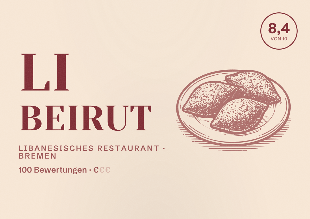 Illustriertes Poster von Li beirut, Libanesisches Restaurant in Bremen: Bewertung 8,4 von 10 aus 100 Bewertungen, Preisniveau €