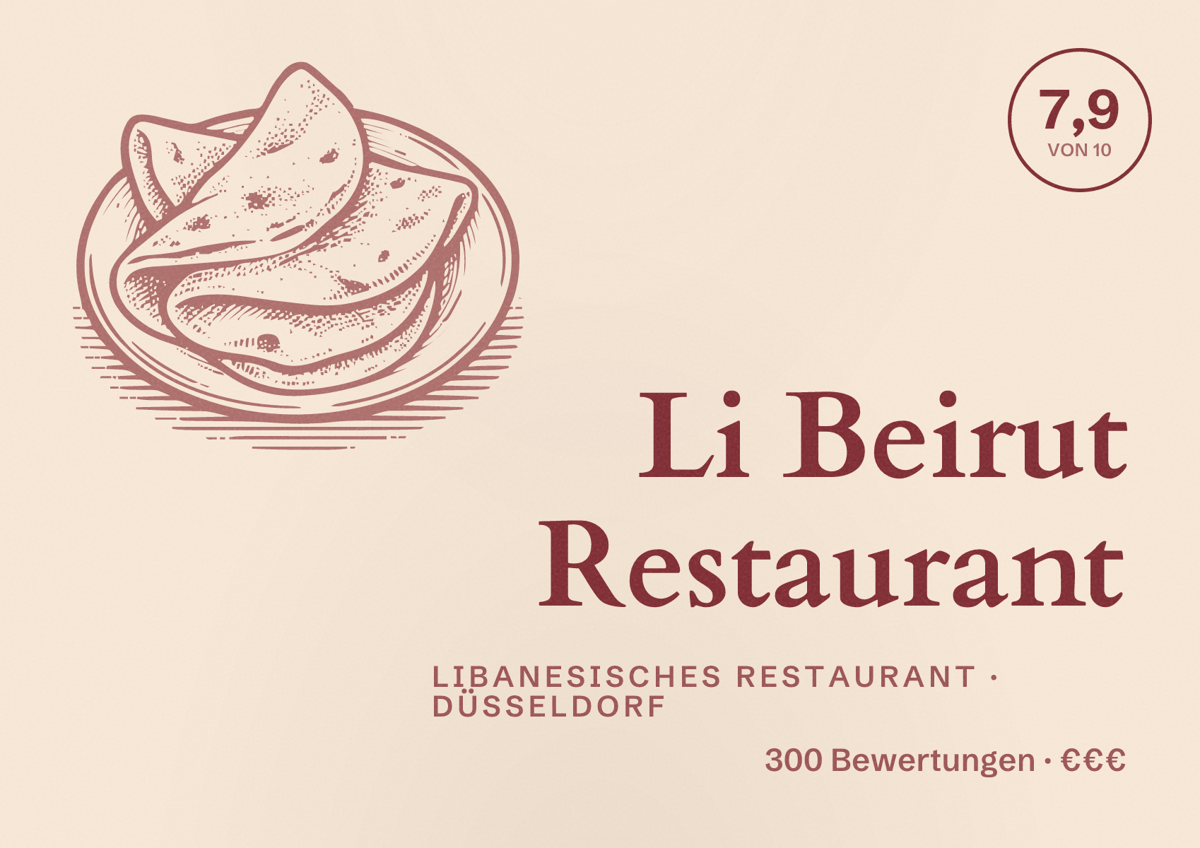 Illustriertes Poster von Li Beirut Restaurant, Libanesisches Restaurant in Düsseldorf: Bewertung 7,9 von 10 aus 300 Bewertungen, Preisniveau €€€