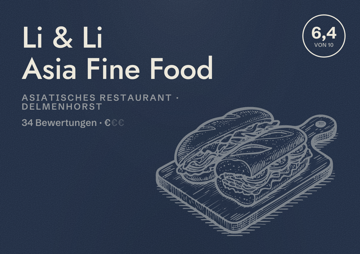 Illustriertes Poster von Li & Li Asia Fine Food, Asiatisches Restaurant in Delmenhorst: Bewertung 6,4 von 10 aus 34 Bewertungen, Preisniveau €