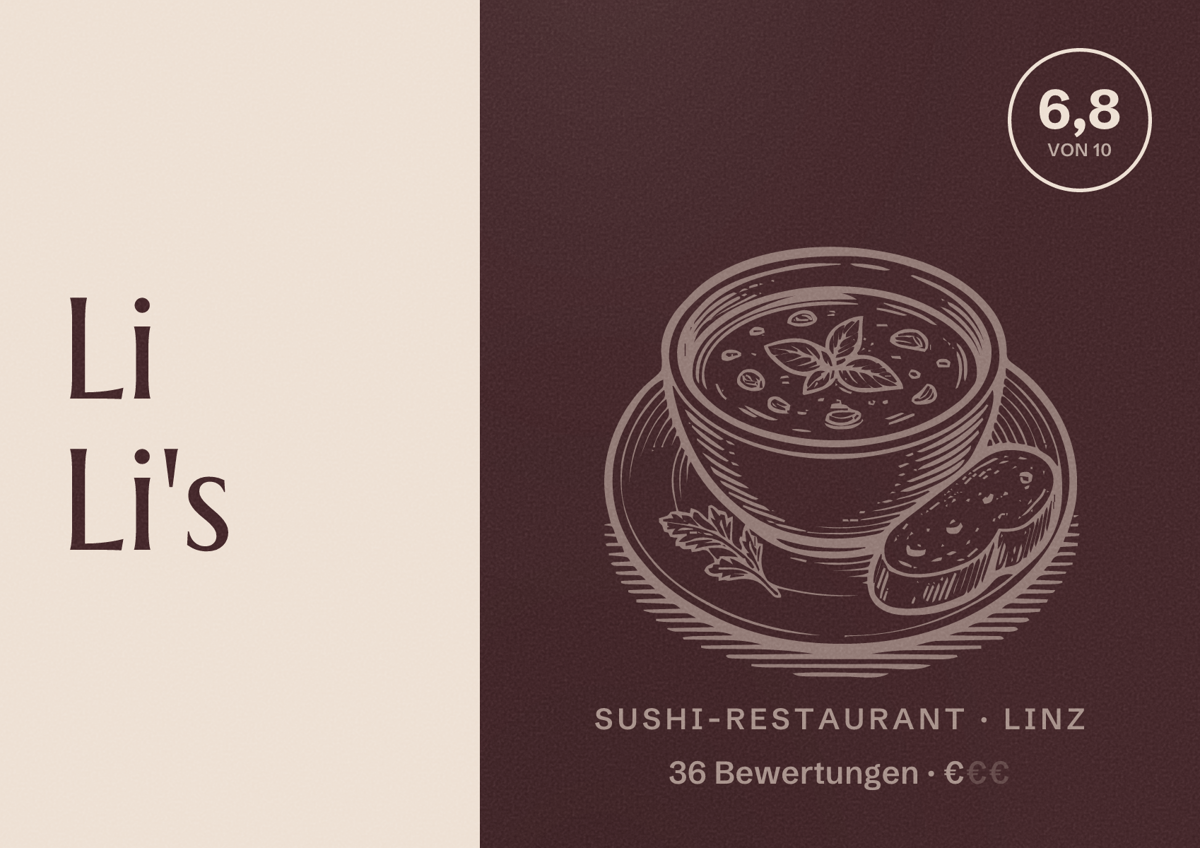 Illustriertes Poster von Li Li's, Sushi-Restaurant in Linz: Bewertung 6,8 von 10 aus 36 Bewertungen, Preisniveau €