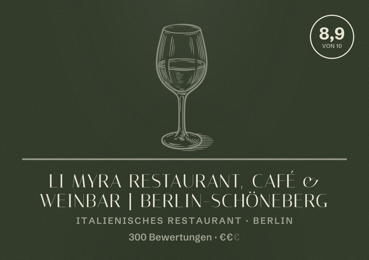 Illustriertes Poster von Li Myra Restaurant, Café & Weinbar | Berlin-Schöneberg, Italienisches Restaurant in Berlin: Bewertung 8,9 von 10 aus 300 Bewertungen, Preisniveau €€