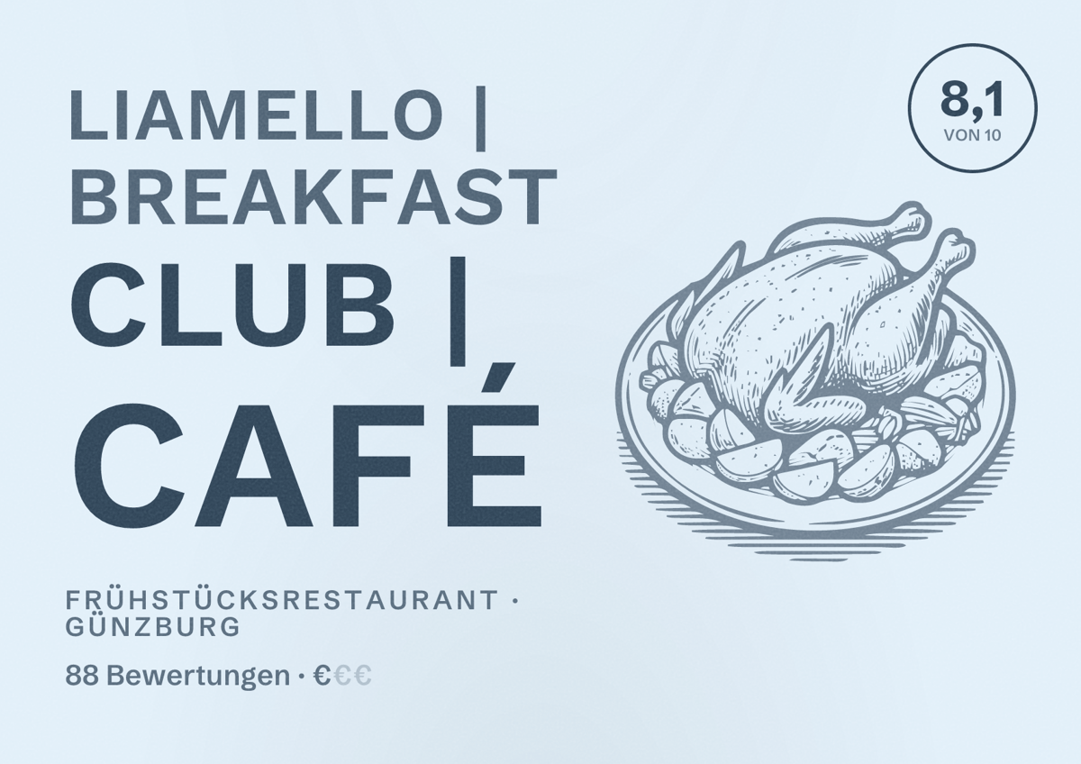 Illustriertes Poster von Liamello | Breakfast Club | Café, Frühstücksrestaurant in Günzburg: Bewertung 8,1 von 10 aus 88 Bewertungen, Preisniveau €