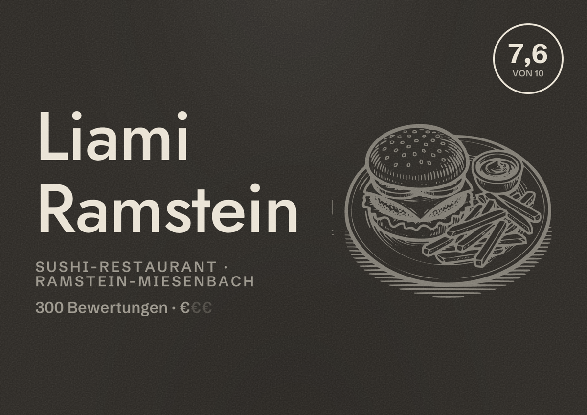 Illustriertes Poster von Liami Ramstein, Sushi-Restaurant in Ramstein-Miesenbach: Bewertung 7,6 von 10 aus 300 Bewertungen, Preisniveau €
