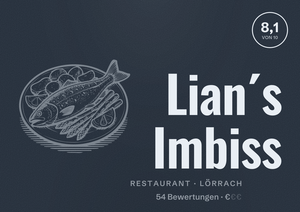 Illustriertes Poster von Lian´s Imbiss, Restaurant in Lörrach: Bewertung 8,1 von 10 aus 54 Bewertungen, Preisniveau €