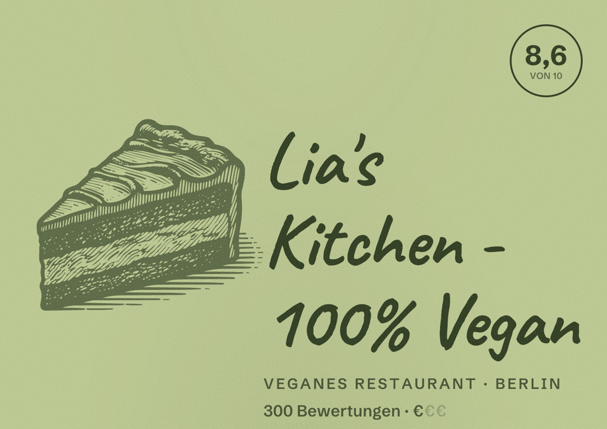 Illustriertes Poster von Lia's Kitchen - 100% Vegan, Veganes Restaurant in Berlin: Bewertung 8,6 von 10 aus 300 Bewertungen, Preisniveau €