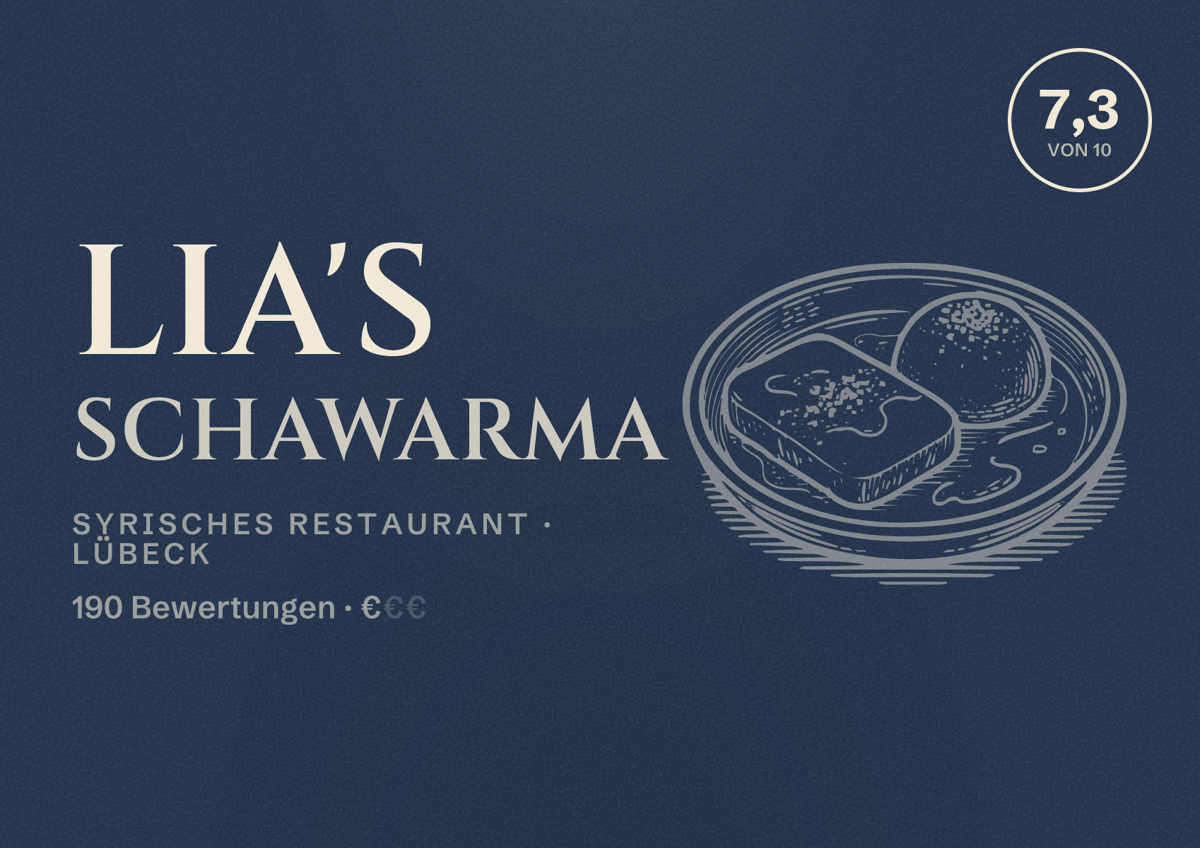 Illustriertes Poster von Lia's Schawarma, Syrisches Restaurant in Lübeck: Bewertung 7,3 von 10 aus 190 Bewertungen, Preisniveau €