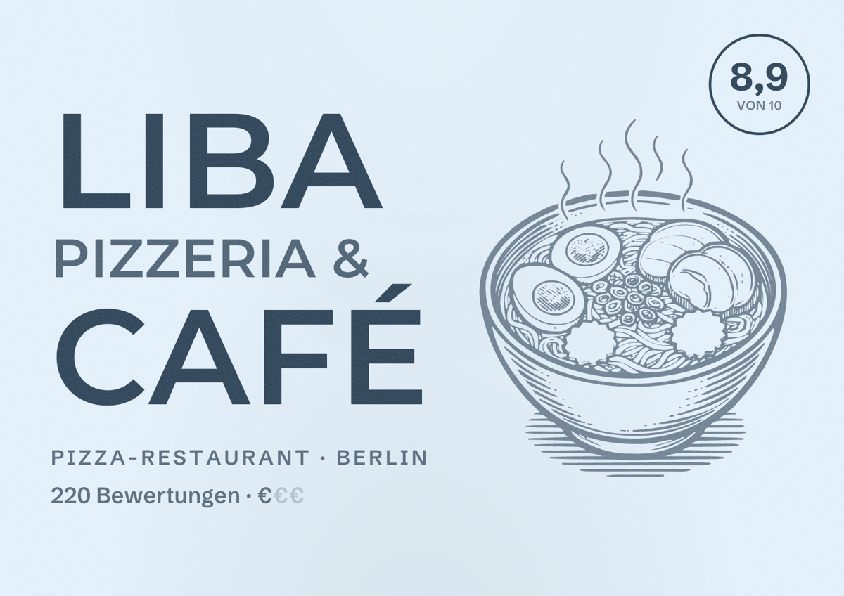 Illustriertes Poster von LIBA Pizzeria & Café, Pizza-Restaurant in Berlin: Bewertung 8,9 von 10 aus 220 Bewertungen, Preisniveau €