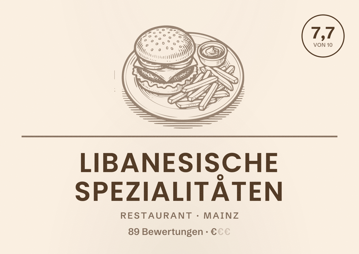 Illustriertes Poster von Libanesische Spezialitåten, Restaurant in Mainz: Bewertung 7,7 von 10 aus 89 Bewertungen, Preisniveau €