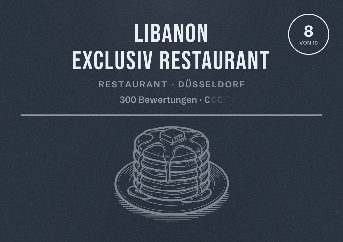 Illustriertes Poster von Libanon Exclusiv Restaurant, Restaurant in Düsseldorf: Bewertung 8,0 von 10 aus 300 Bewertungen, Preisniveau €