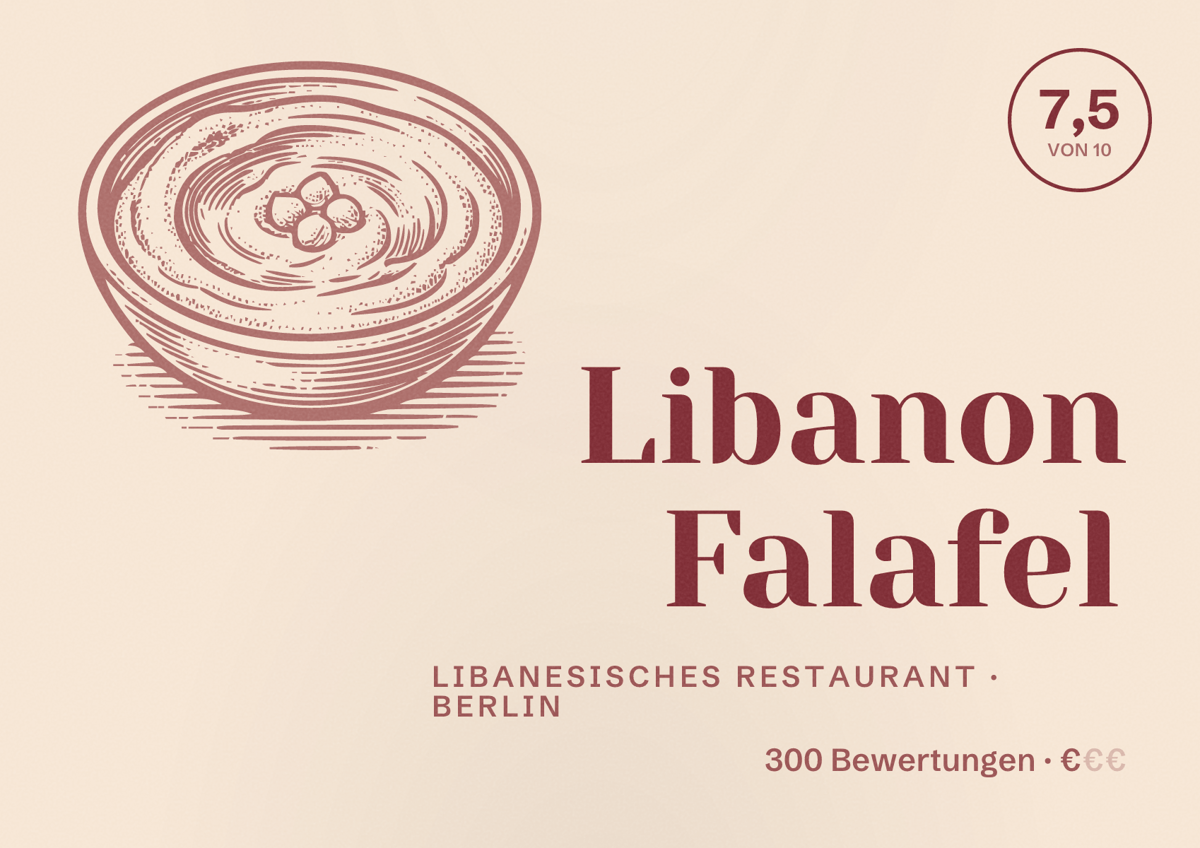 Illustriertes Poster von Libanon Falafel, Libanesisches Restaurant in Berlin: Bewertung 7,5 von 10 aus 300 Bewertungen, Preisniveau €