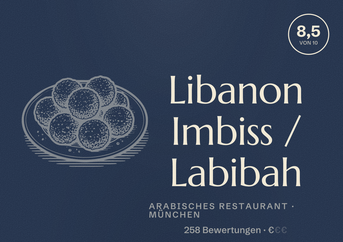 Illustriertes Poster von Libanon Imbiss / Labibah, Arabisches Restaurant in München: Bewertung 8,5 von 10 aus 258 Bewertungen, Preisniveau €