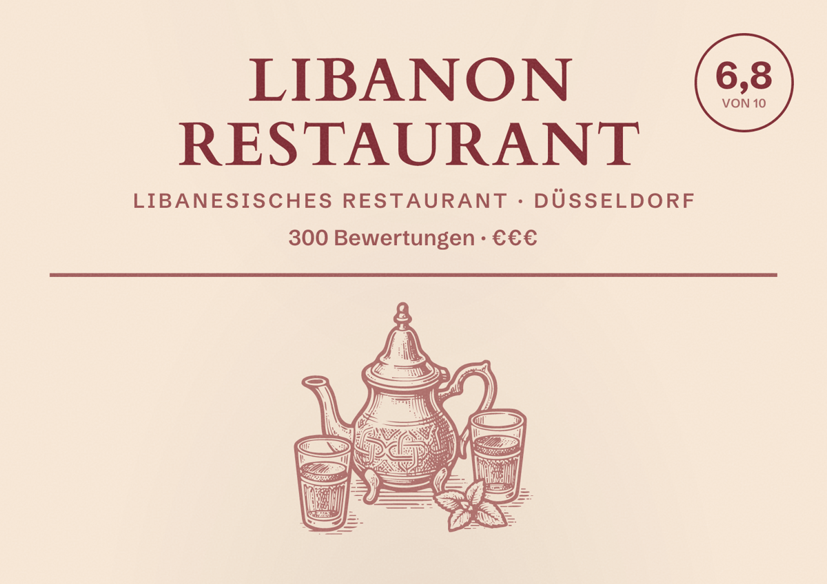 Illustriertes Poster von Libanon Restaurant, Libanesisches Restaurant in Düsseldorf: Bewertung 6,8 von 10 aus 300 Bewertungen, Preisniveau €€€