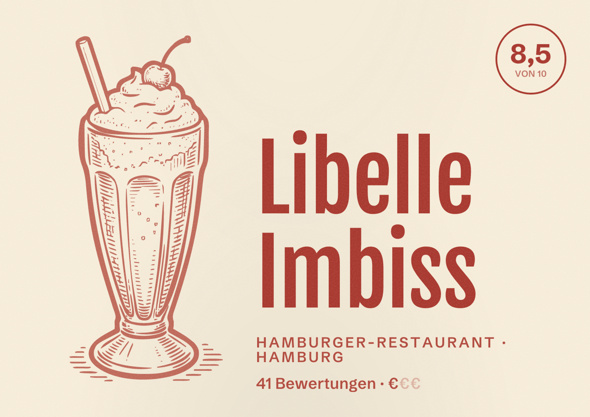 Illustriertes Poster von Libelle Imbiss, Hamburger-Restaurant in Hamburg: Bewertung 8,5 von 10 aus 41 Bewertungen, Preisniveau €