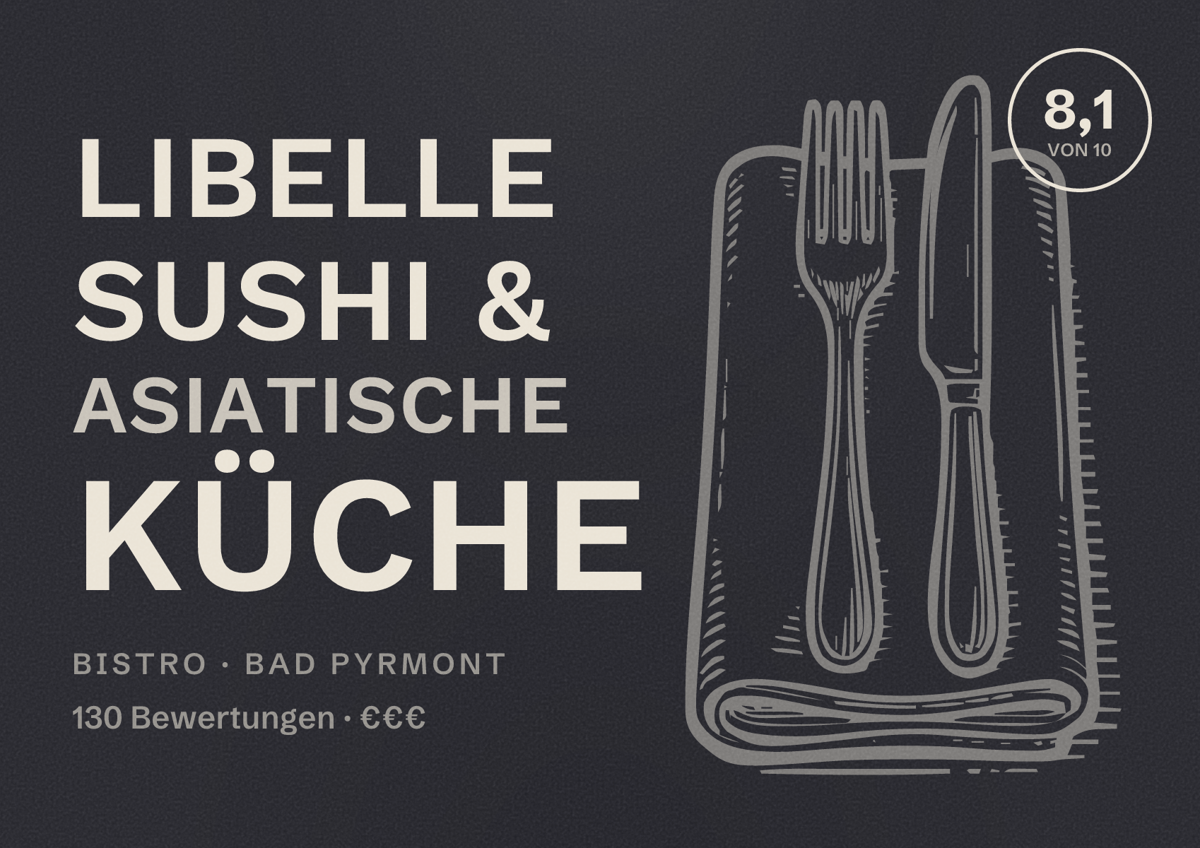 Illustriertes Poster von Libelle Sushi & Asiatische Küche, Bistro in Bad Pyrmont: Bewertung 8,1 von 10 aus 130 Bewertungen, Preisniveau €€€