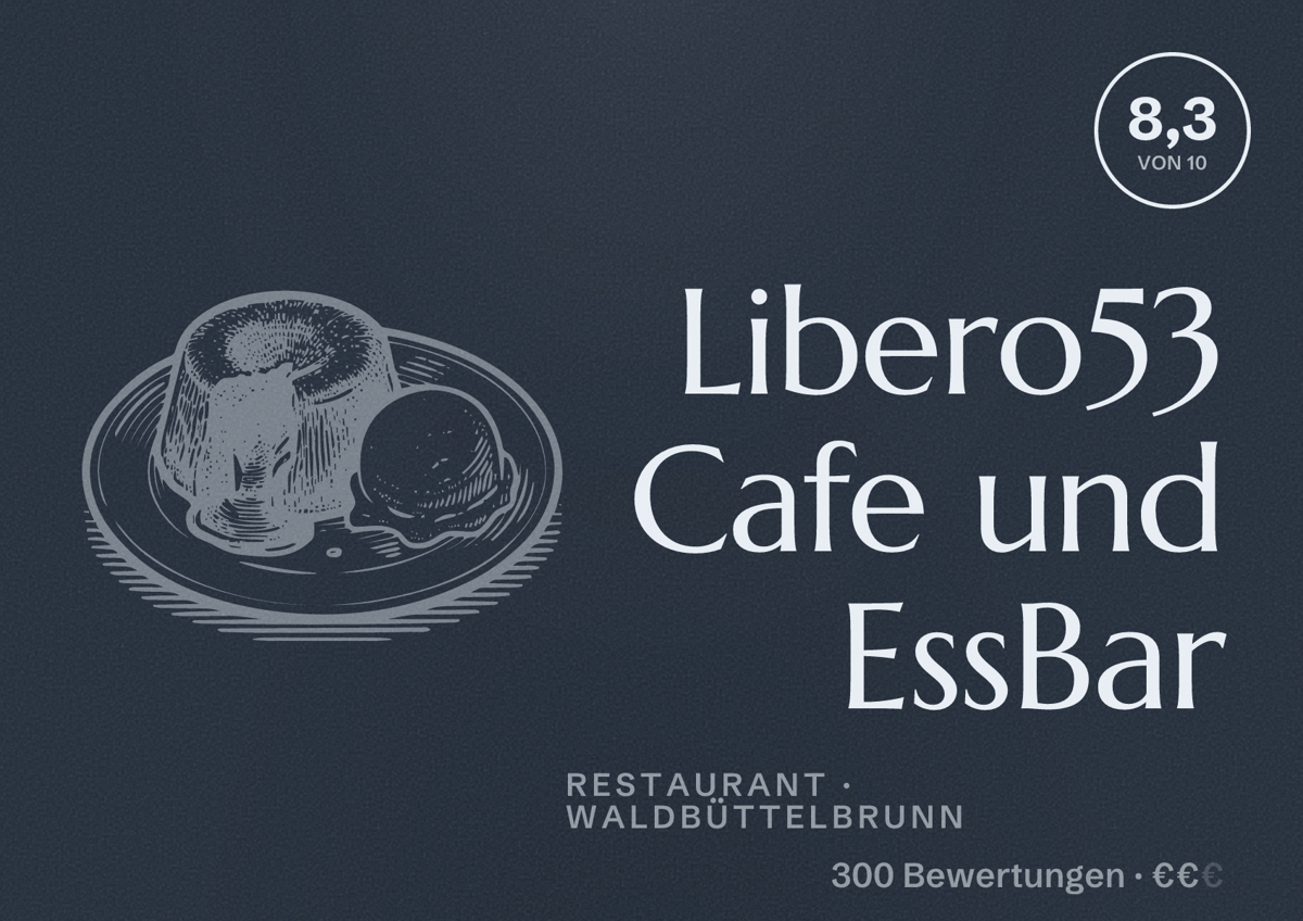 Illustriertes Poster von Libero53 Cafe und EssBar, Restaurant in Waldbüttelbrunn: Bewertung 8,3 von 10 aus 300 Bewertungen, Preisniveau €€