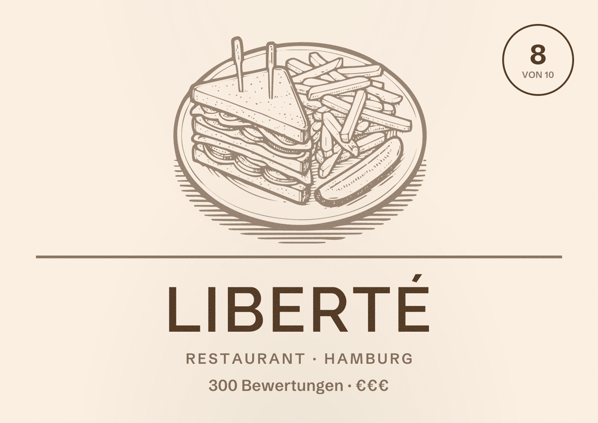 Illustriertes Poster von Liberté, Restaurant in Hamburg: Bewertung 8,0 von 10 aus 300 Bewertungen, Preisniveau €€€