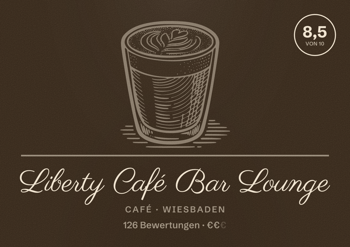Illustriertes Poster von Liberty Café Bar Lounge, Café in Wiesbaden: Bewertung 8,5 von 10 aus 126 Bewertungen, Preisniveau €€