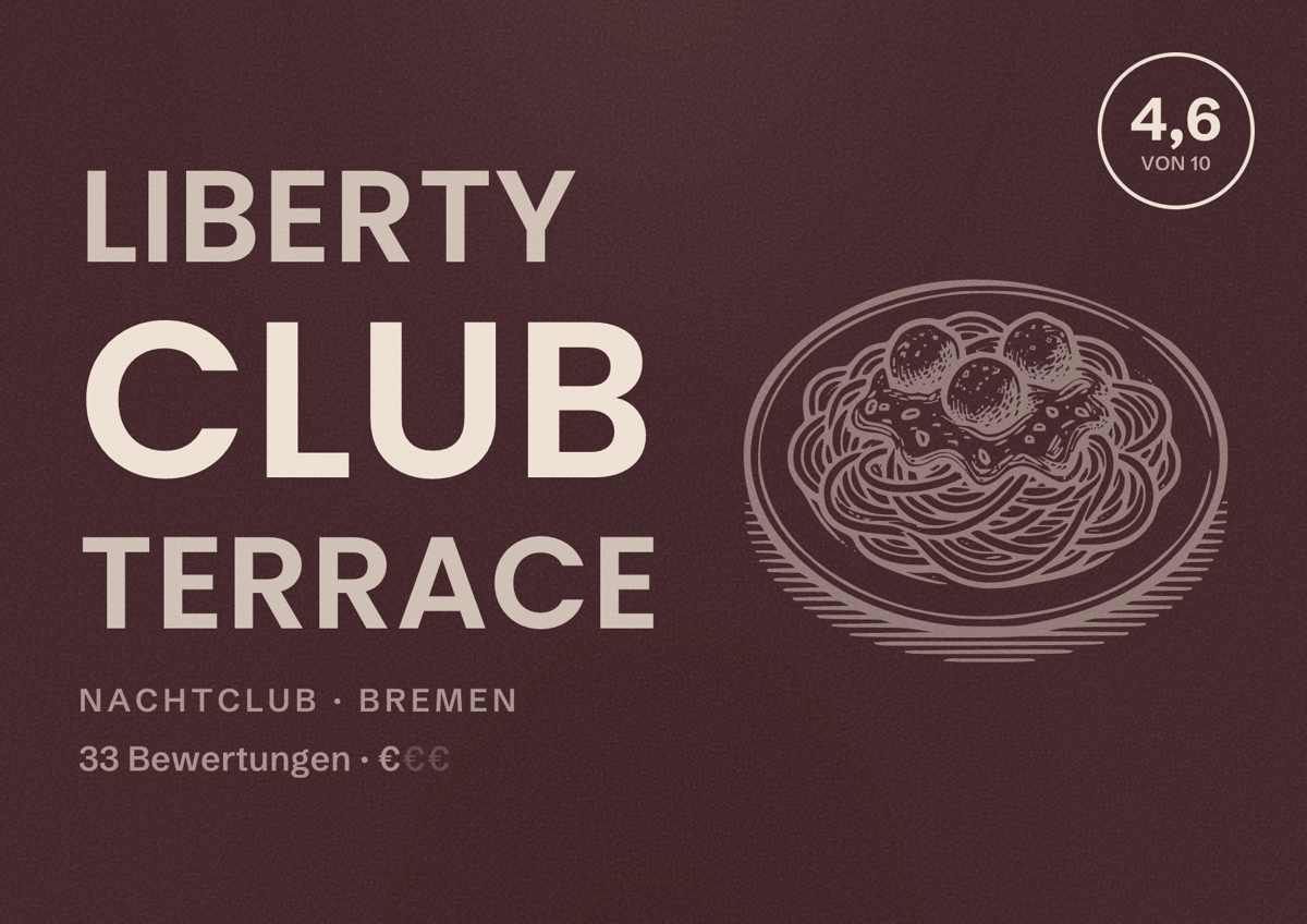 Illustriertes Poster von Liberty Club Terrace, Nachtclub in Bremen: Bewertung 4,6 von 10 aus 33 Bewertungen, Preisniveau €