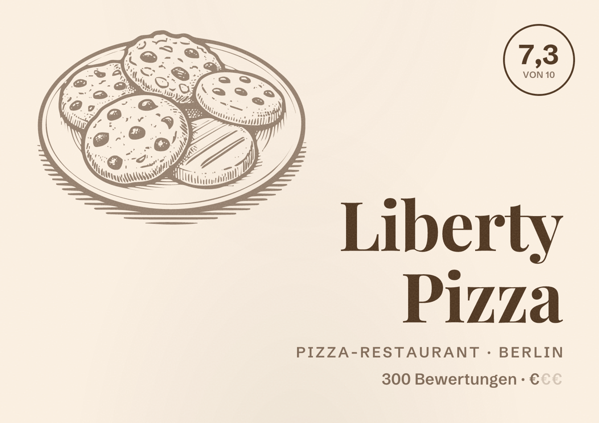Illustriertes Poster von Liberty Pizza, Pizza-Restaurant in Berlin: Bewertung 7,3 von 10 aus 300 Bewertungen, Preisniveau €