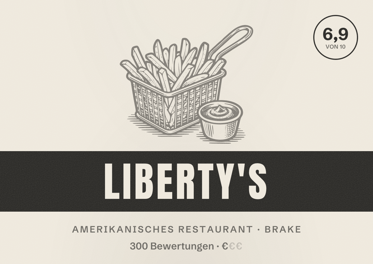 Illustriertes Poster von Liberty's, Amerikanisches Restaurant in Brake: Bewertung 6,9 von 10 aus 300 Bewertungen, Preisniveau €
