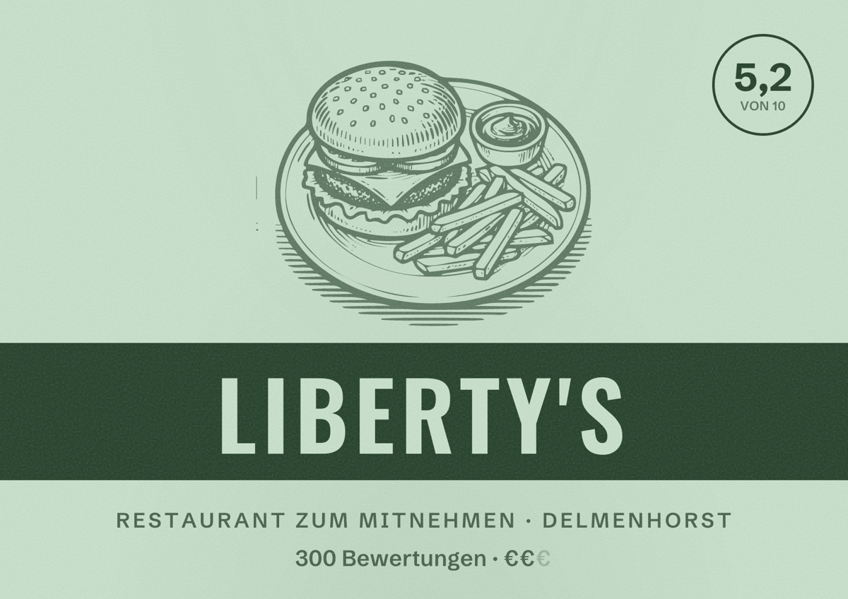 Illustriertes Poster von Liberty's, Restaurant zum Mitnehmen in Delmenhorst: Bewertung 5,2 von 10 aus 300 Bewertungen, Preisniveau €€