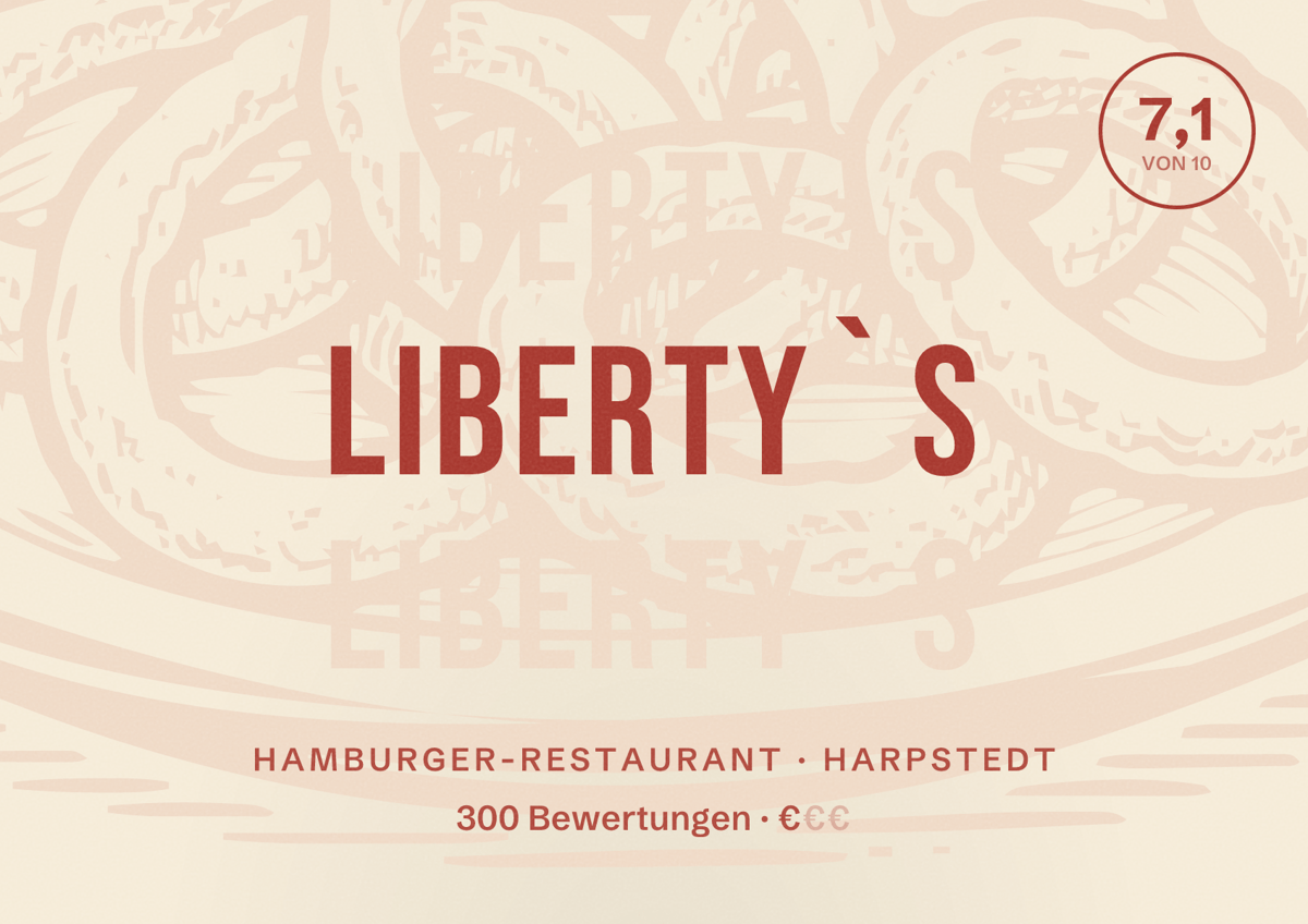 Illustriertes Poster von Liberty`s, Hamburger-Restaurant in Harpstedt: Bewertung 7,1 von 10 aus 300 Bewertungen, Preisniveau €
