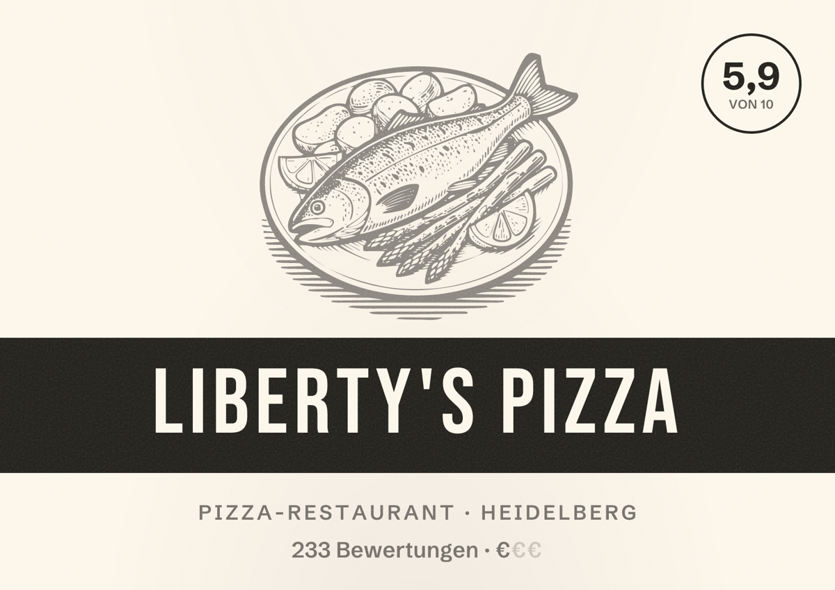 Illustriertes Poster von Liberty's Pizza, Pizza-Restaurant in Heidelberg: Bewertung 5,9 von 10 aus 233 Bewertungen, Preisniveau €