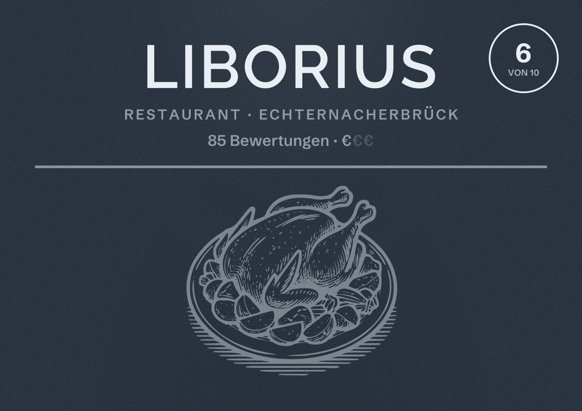 Illustriertes Poster von Liborius, Restaurant in Echternacherbrück: Bewertung 6 von 10 aus 85 Bewertungen, Preisniveau €