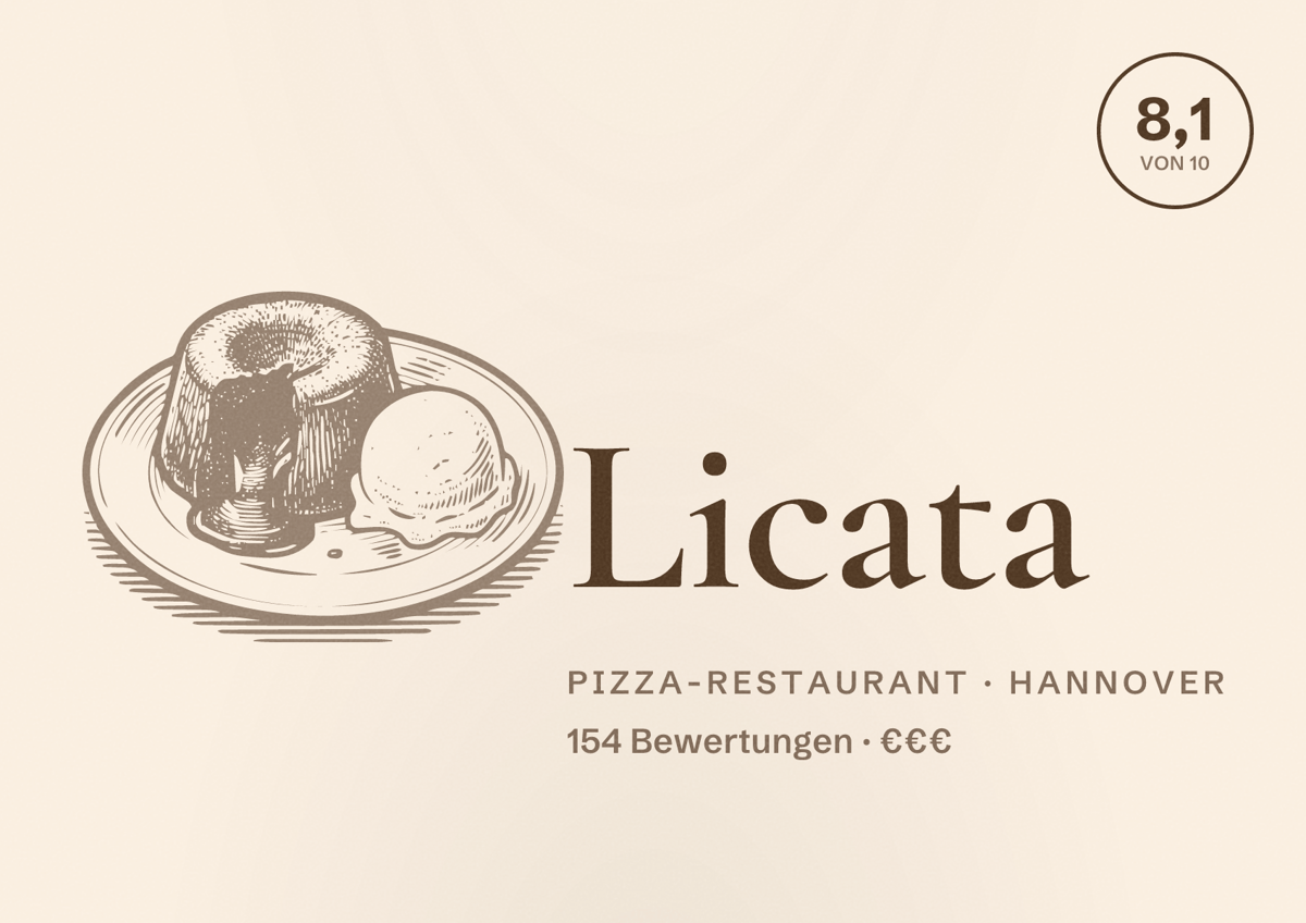 Illustriertes Poster von Licata, Pizza-Restaurant in Hannover: Bewertung 8,1 von 10 aus 154 Bewertungen, Preisniveau €€€